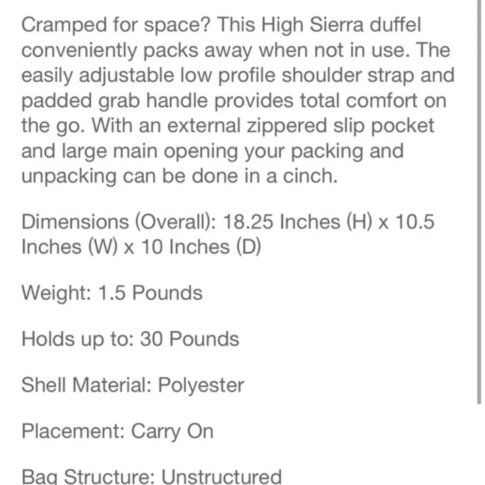 NWT High Sierra packable duffle 50L